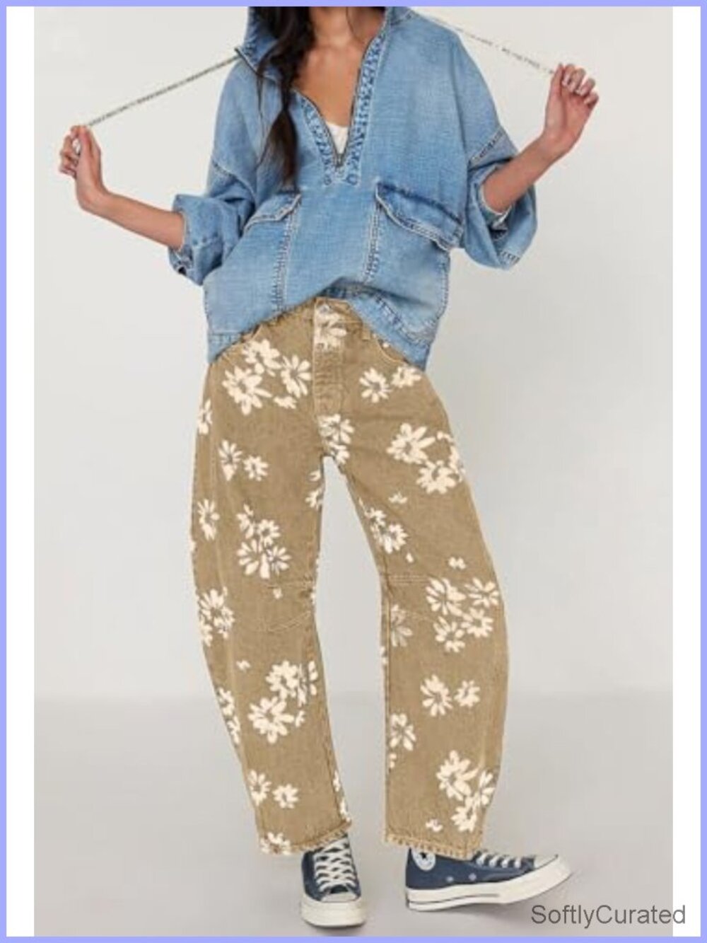 Distressed Barrel Jeans Baggy Wide Leg Floral Printed Patchwork Denim Pants - Picture 3 of 6
